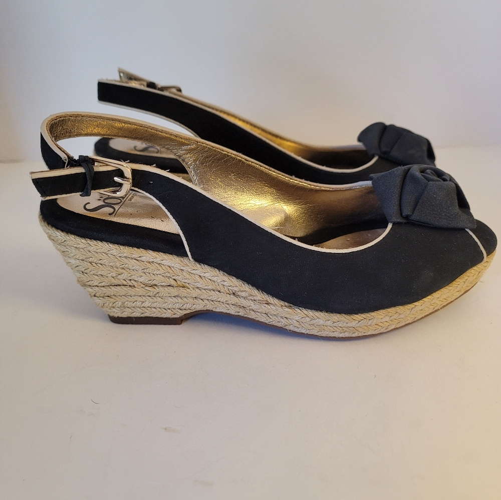 Sofft Espadrille Wedge Peep Toe Sandals Jute Heel Black Gold 8 - Picture 4 of 9